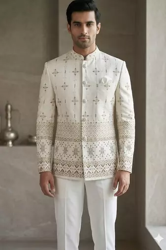 Aesthetic white color daman embroidery jodhpuri for men | premium designer bandhgala ethnic wear
