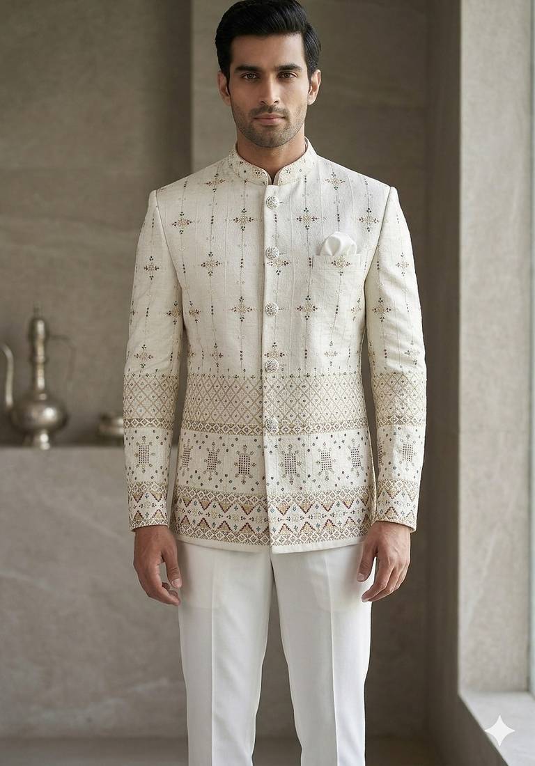 Aesthetic white color daman embroidery jodhpuri for men | premium designer bandhgala ethnic wear