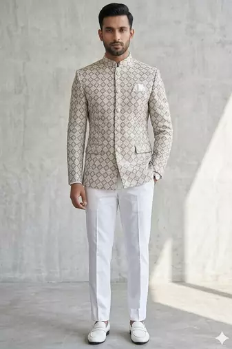 Grayish white embroidery jodhpuri for men | premium designer bandhgala ethnic wear