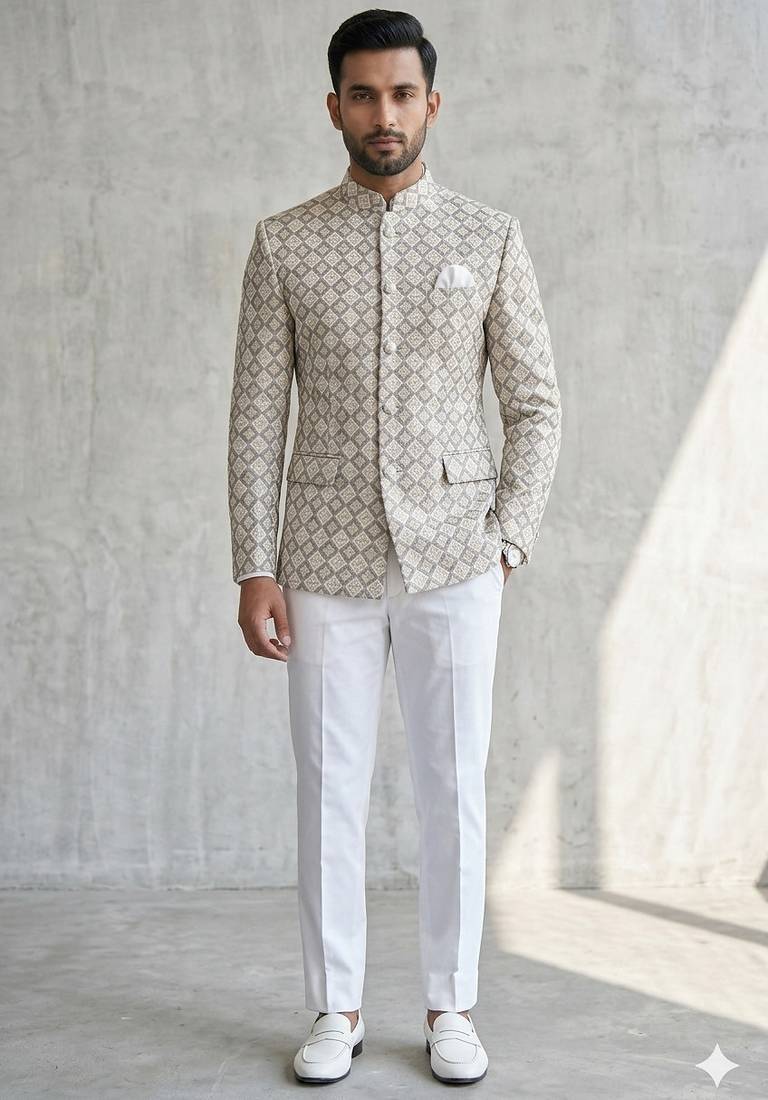 Grayish white embroidery jodhpuri for men | premium designer bandhgala ethnic wear