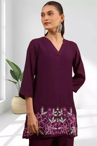 Women's silk wine embroidered short kurta with pant