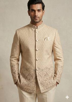 Golden color traditional daman embroidery jodhpuri for men | premium designer bandhgala ethnic wear 2