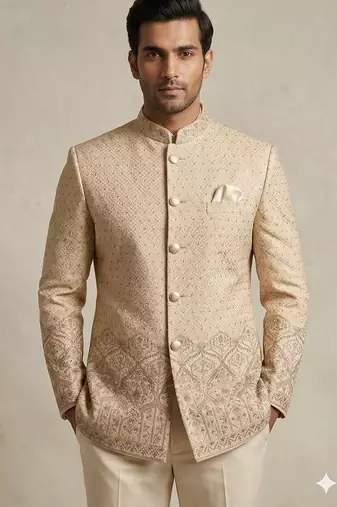 Golden color traditional daman embroidery jodhpuri for men | premium designer bandhgala ethnic wear