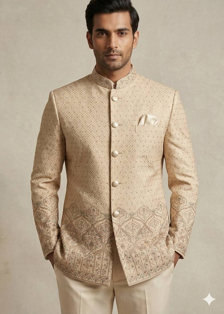 Golden color traditional daman embroidery jodhpuri for men | premium designer bandhgala ethnic wear