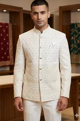 Classy white daman embroidery jodhpuri for men | premium designer bandhgala ethnic wear