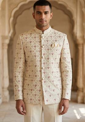 Beige color aesthetic maroon touchup jodhpuri for men | premium designer bandhgala ethnic wear 1