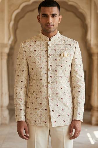 Beige color aesthetic maroon touchup jodhpuri for men
