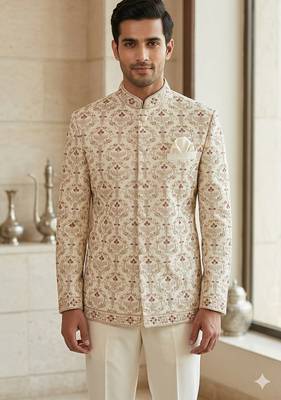 Beige color embroidery maroon touchup jodhpuri for men | premium designer bandhgala ethnic wear 1