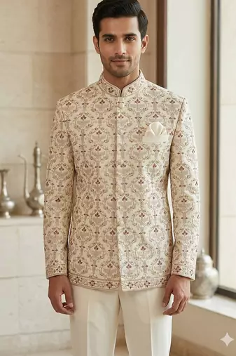 Beige color embroidery maroon touchup jodhpuri for men | premium designer bandhgala ethnic wear