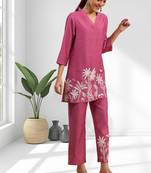 Women's silk pink embroidered short kurta with pant