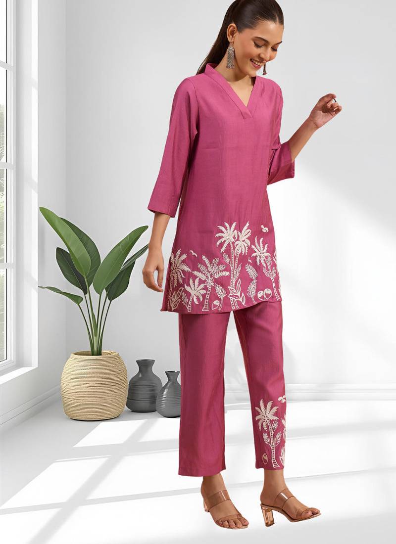 Women's silk pink embroidered short kurta with pant