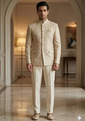 Golden color jari embroidery jodhpuri for men | premium designer bandhgala ethnic wear 1