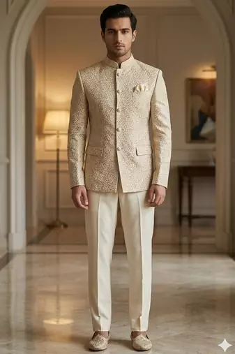 Golden color jari embroidery jodhpuri for men | premium designer bandhgala ethnic wear
