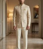 Golden color jari embroidery jodhpuri for men | premium designer bandhgala ethnic wear