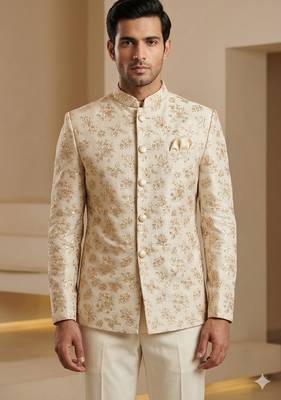 Beige color traditional sequence jodhpuri for men | premium designer bandhgala ethnic wear 1