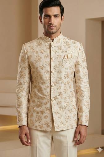 Beige color traditional sequence jodhpuri for men | premium designer bandhgala ethnic wear