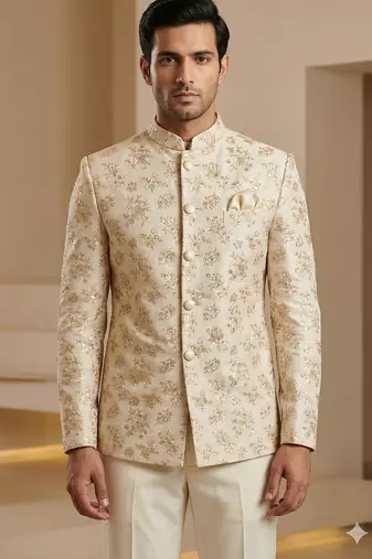 Beige color traditional sequence jodhpuri for men | premium designer bandhgala ethnic wear