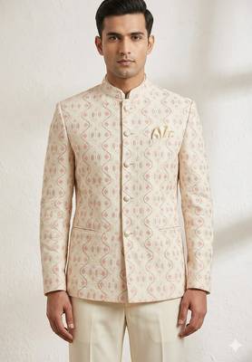 Beige color pastel pink color dhaga jodhpuri for men | premium designer bandhgala ethnic wear 1