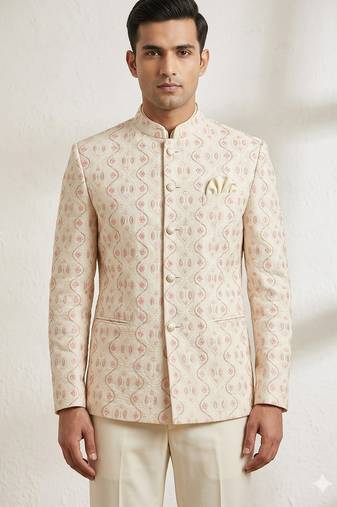 Beige color pastel pink color dhaga jodhpuri for men | premium designer bandhgala ethnic wear