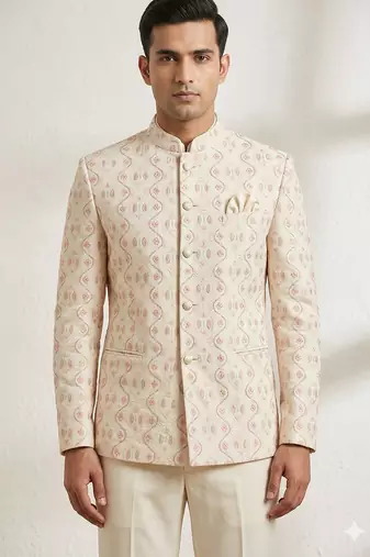 Beige color pastel pink color dhaga jodhpuri for men | premium designer bandhgala ethnic wear