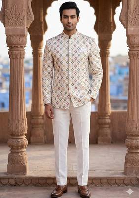White aesthetic multicolor embroidery jodhpuri for men | premium designer bandhgala ethnic wear 1