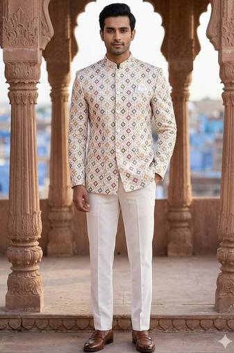 White aesthetic multicolor embroidery jodhpuri for men designer bandhgala ethnic wear