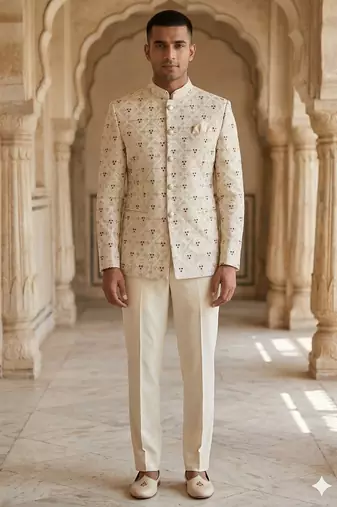 Beige color aesthetic maroon touchup jodhpuri for men | premium designer bandhgala ethnic wear
