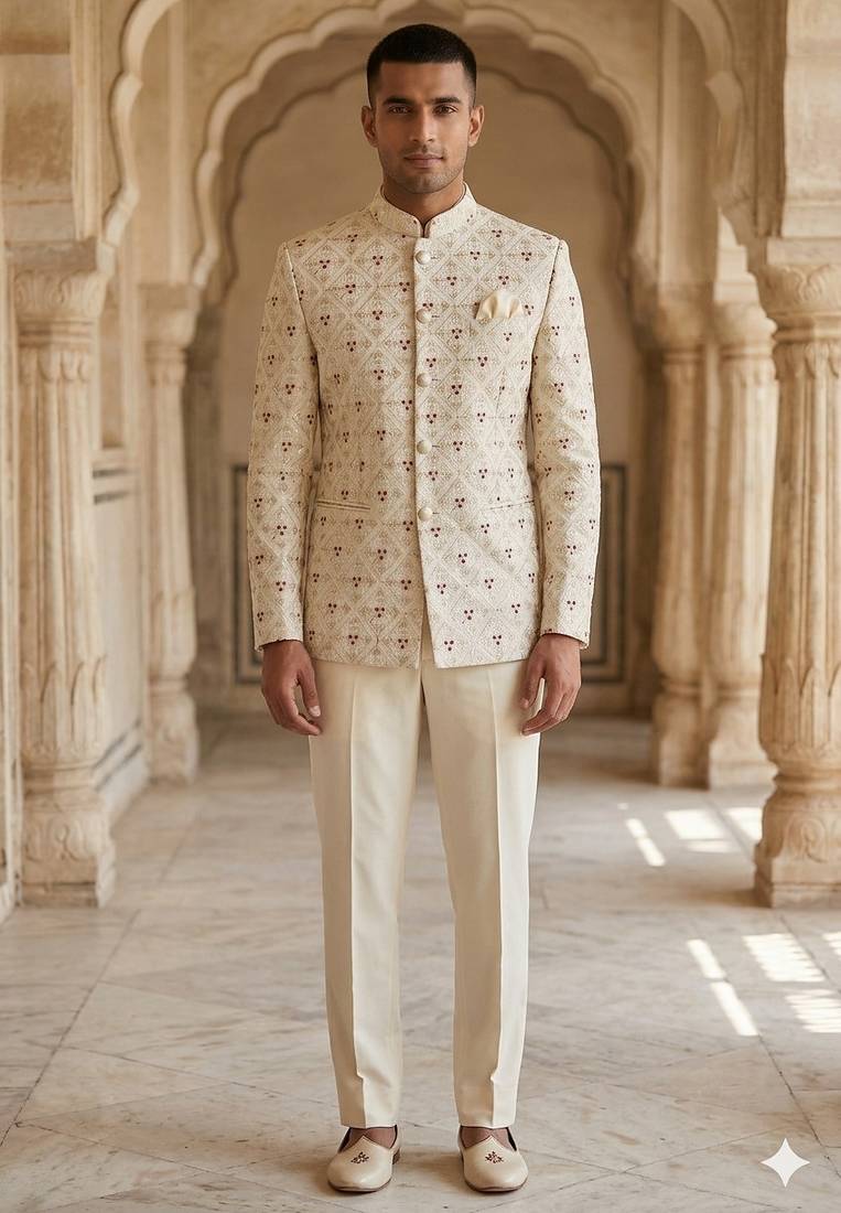 Beige color aesthetic maroon touchup jodhpuri for men | premium designer bandhgala ethnic wear