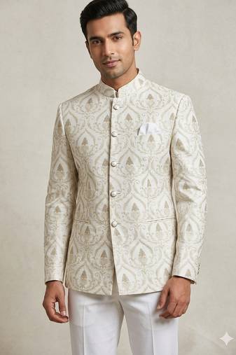 White classy silver embroidery jodhpuri for men