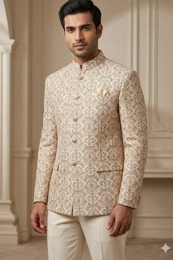 Beige color multicolor embroidery jodhpuri for men | premium designer bandhgala
