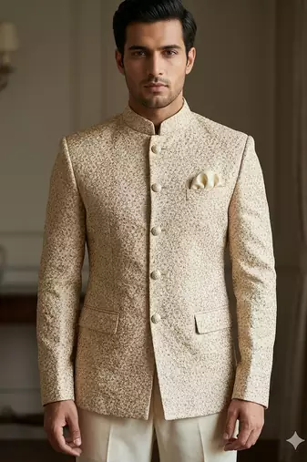 Golden color jari embroidery jodhpuri for men | premium designer bandhgala ethnic wear