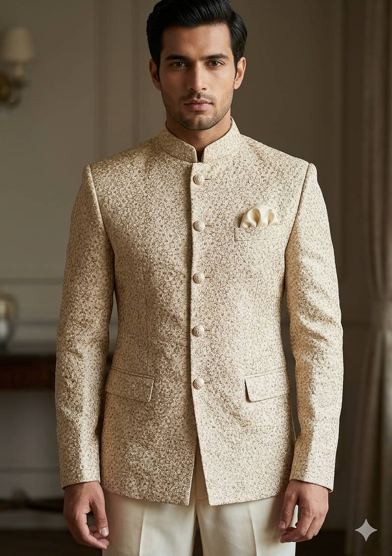 Golden color jari embroidery jodhpuri for men | premium designer bandhgala ethnic wear