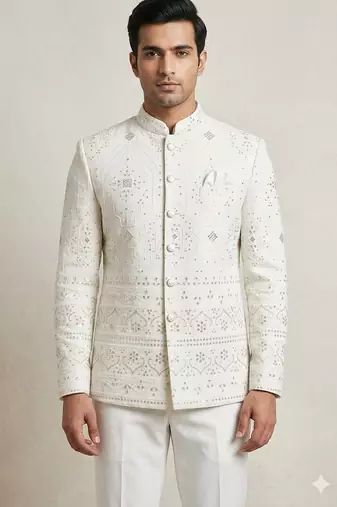 Off white classy daman embroidery jodhpuri for men | premium designer bandhgala ethnic wear