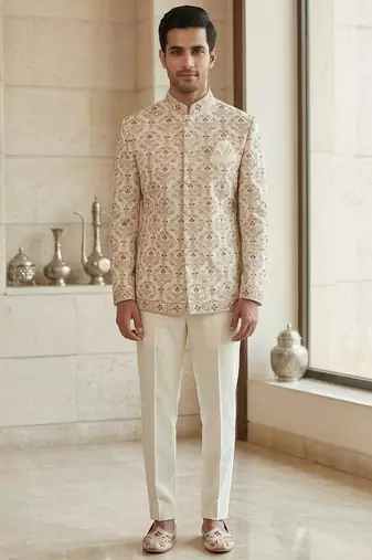 Beige color embroidery maroon touchup jodhpuri for men | premium designer bandhgala ethnic wear