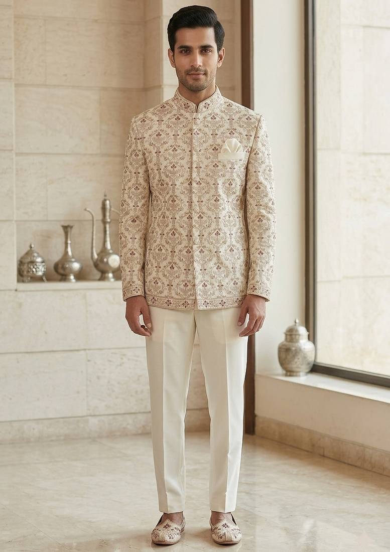 Beige color embroidery maroon touchup jodhpuri for men | premium designer bandhgala ethnic wear