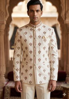 Beige color sequence maroon dhaga embroidery jodhpuri for men | premium designer bandhgala 1