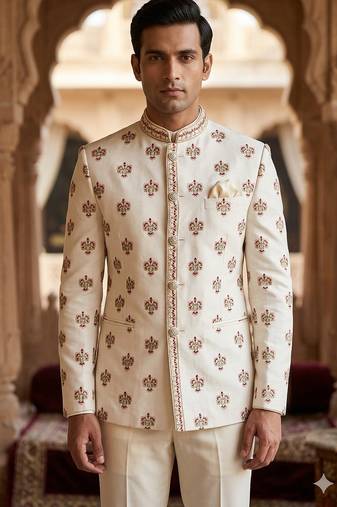 Beige color sequence maroon dhaga embroidery jodhpuri for men | premium designer bandhgala
