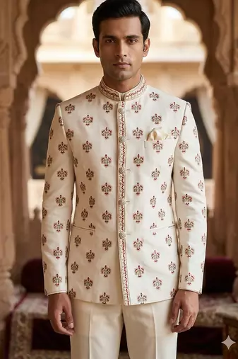 Beige color sequence maroon dhaga embroidery jodhpuri for men | premium designer bandhgala