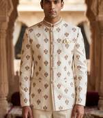 Beige color sequence maroon dhaga embroidery jodhpuri for men | premium designer bandhgala