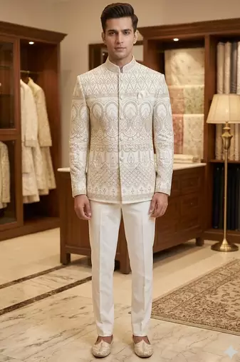 Classy white codding embroidery jodhpuri for men | premium designer bandhgala ethnic wear