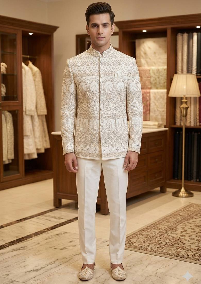 Classy white codding embroidery jodhpuri for men | premium designer bandhgala ethnic wear