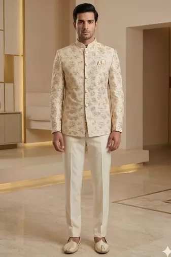 Beige color traditional sequence jodhpuri for men | premium designer bandhgala ethnic wear