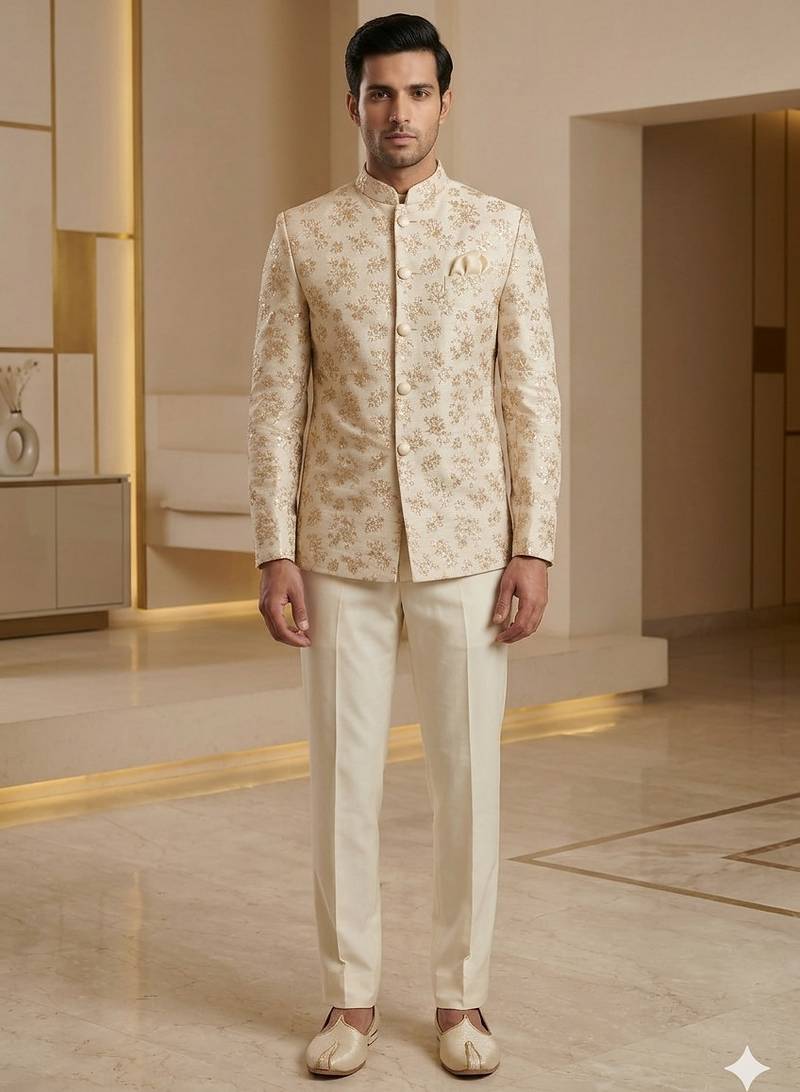 Beige color traditional sequence jodhpuri for men | premium designer bandhgala ethnic wear