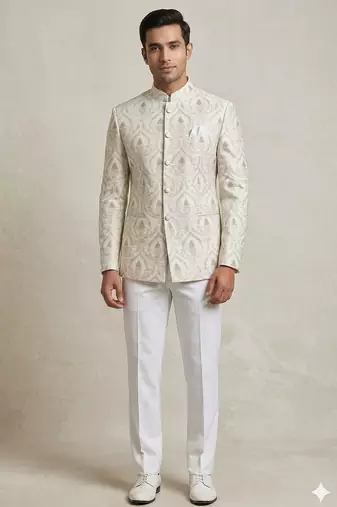 White classy silver embroidery jodhpuri for men | premium designer bandhgala ethnic wear