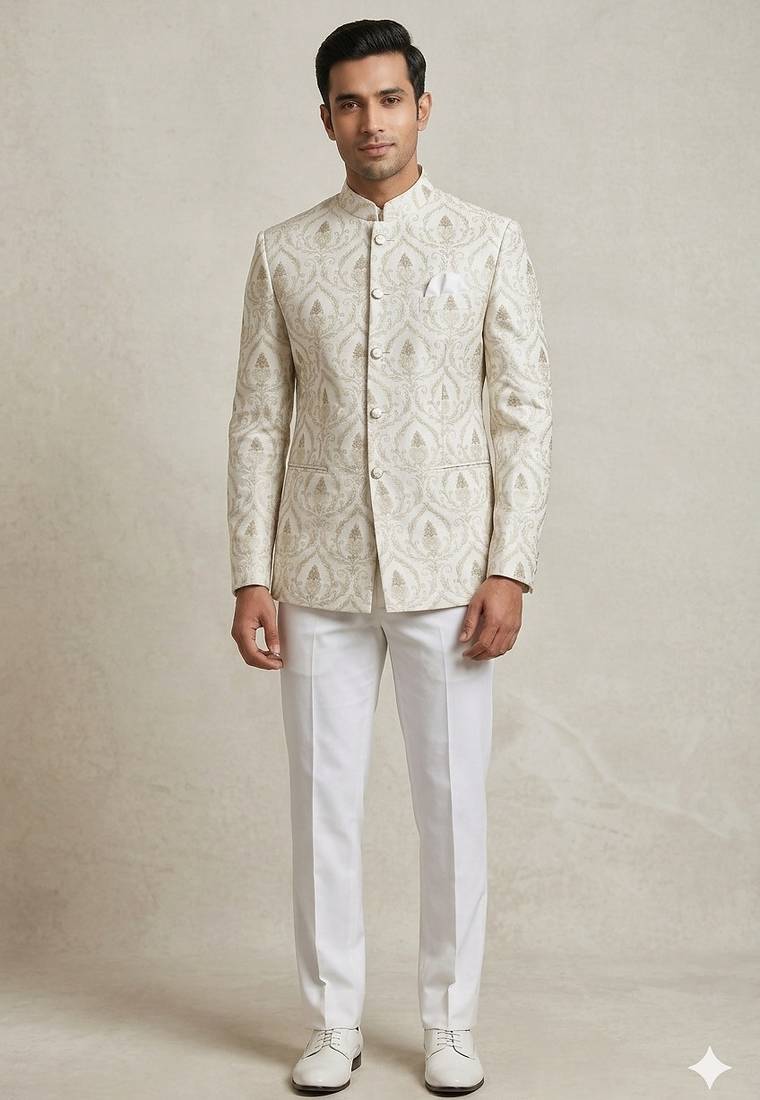 White classy silver embroidery jodhpuri for men | premium designer bandhgala ethnic wear