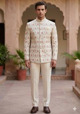 Cream embroidery maroon pista touchup jodhpuri for men | premium designer bandhgala ethnic wear 1