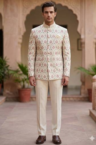 Cream embroidery maroon pista touchup jodhpuri for men | premium designer bandhgala ethnic wear