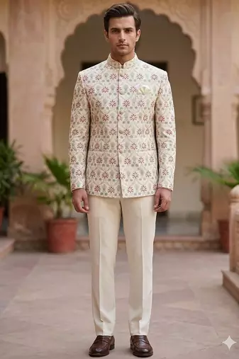 Cream embroidery maroon pista touchup jodhpuri for men | premium designer bandhgala ethnic wear