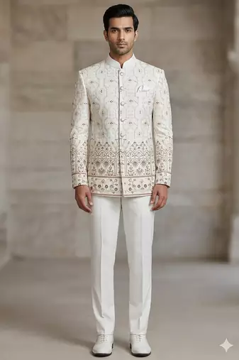 White classy embroidery jodhpuri for men | premium designer bandhgala ethnic wear
