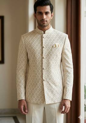 Beige color sequence dhaga embroidery jodhpuri for men | premium designer bandhgala 1
